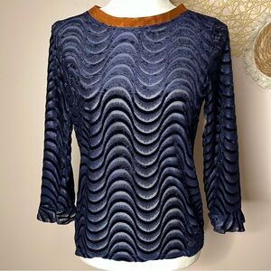 Nümph Velour Semi Sheer Wave Pattern Top (Blue) - XS